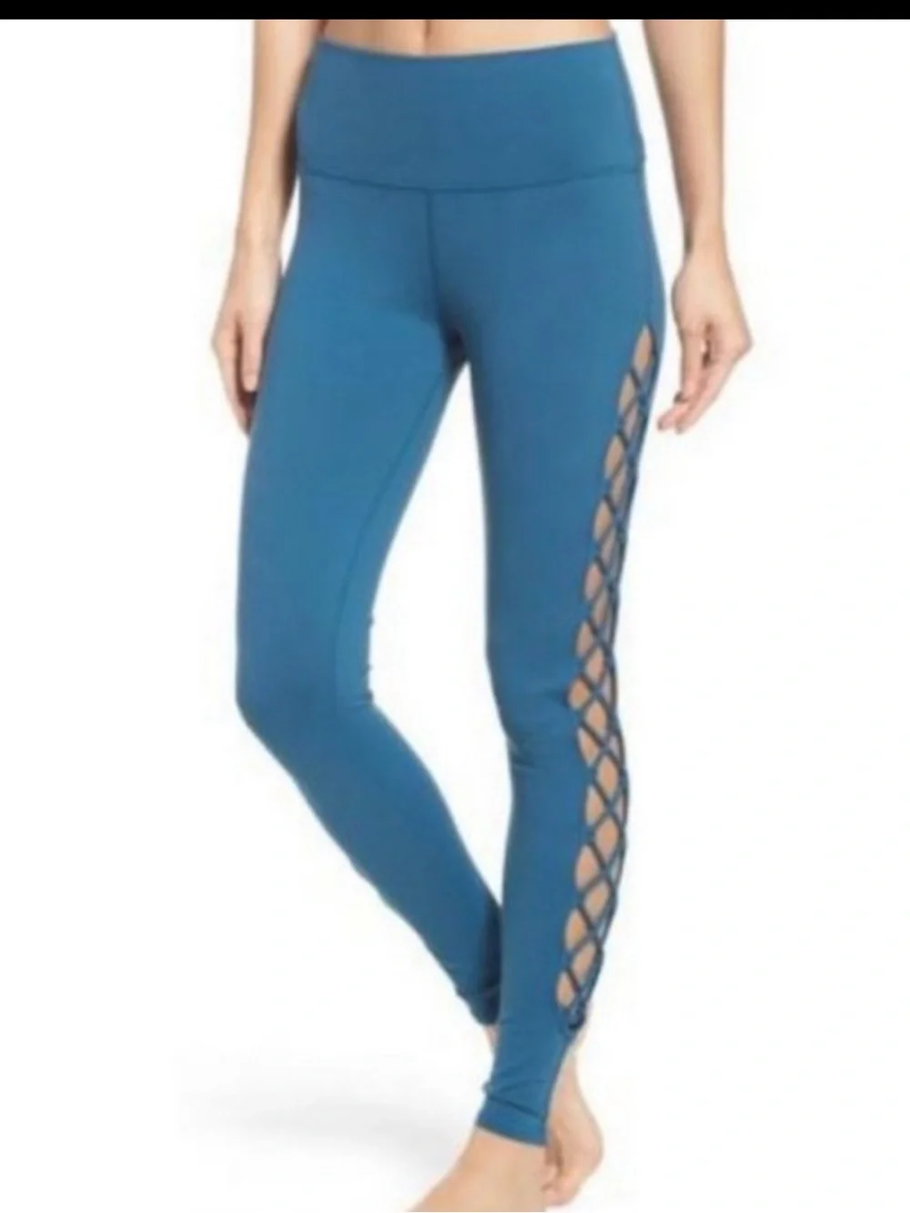 Alo Yoga XS Lace Up Cutout Leggings Teal Blue High Rise Crisscross